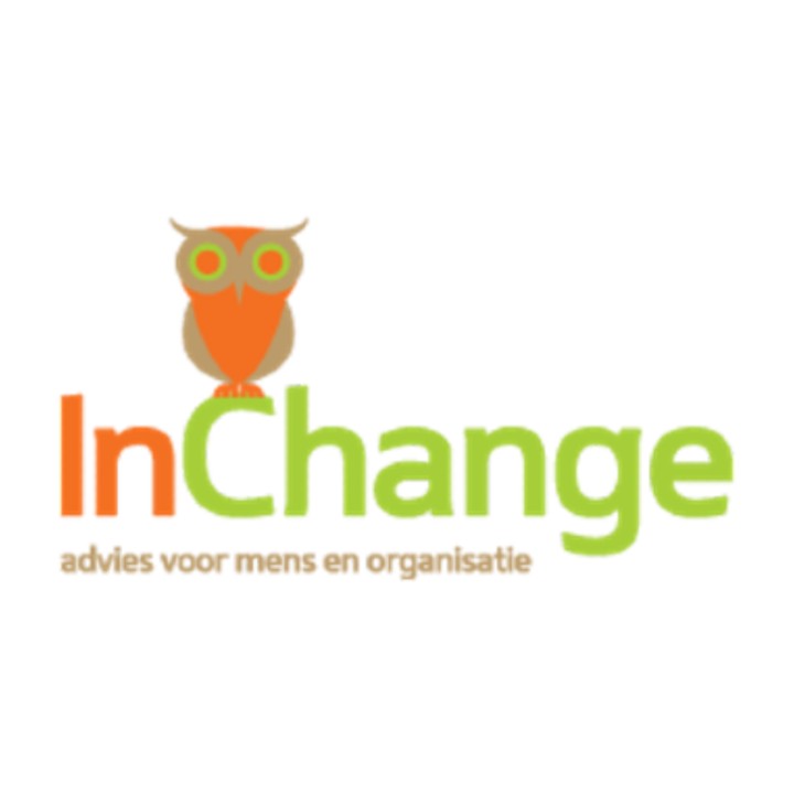 Logo InChange advies met uil in oranje en groen