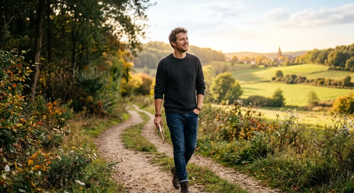 Glimlachende man wandelt over een zandpad in een heuvelachtig landscha, met een notitieboekje in de hand en kijkend naar het landschap.