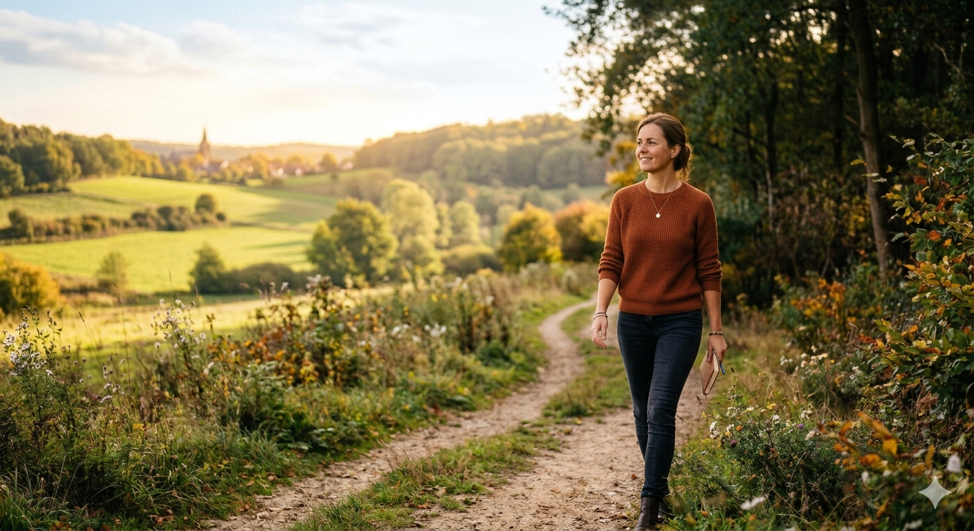 Een glimlachende vrouw in een bruine trui wandelt over een zandpad in een heuvelachtig herfstlandschap, met een notitieboekje en pen in haar hand.