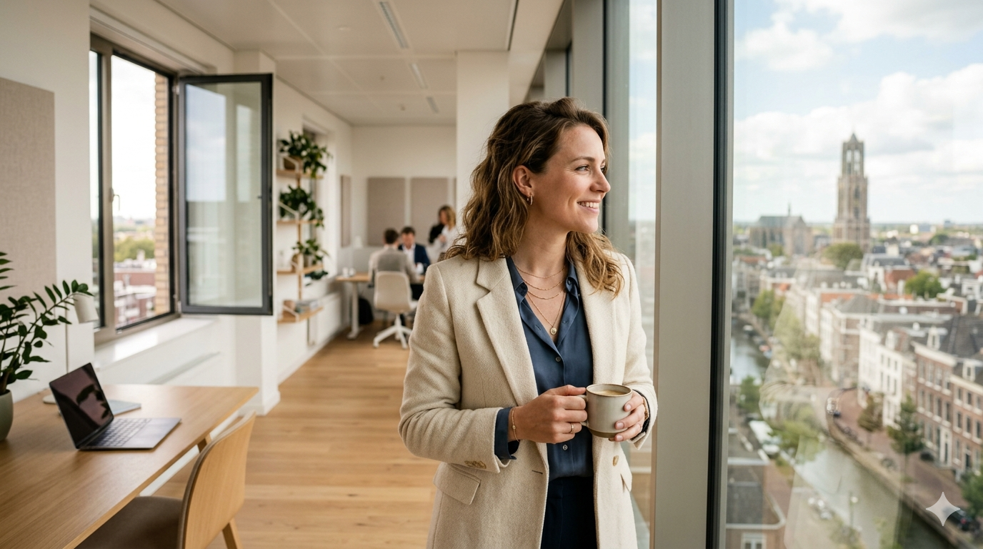 Een jonge vrouw kijkt hoopvol en glimlachend naar buiten vanuit een modern kantoor.