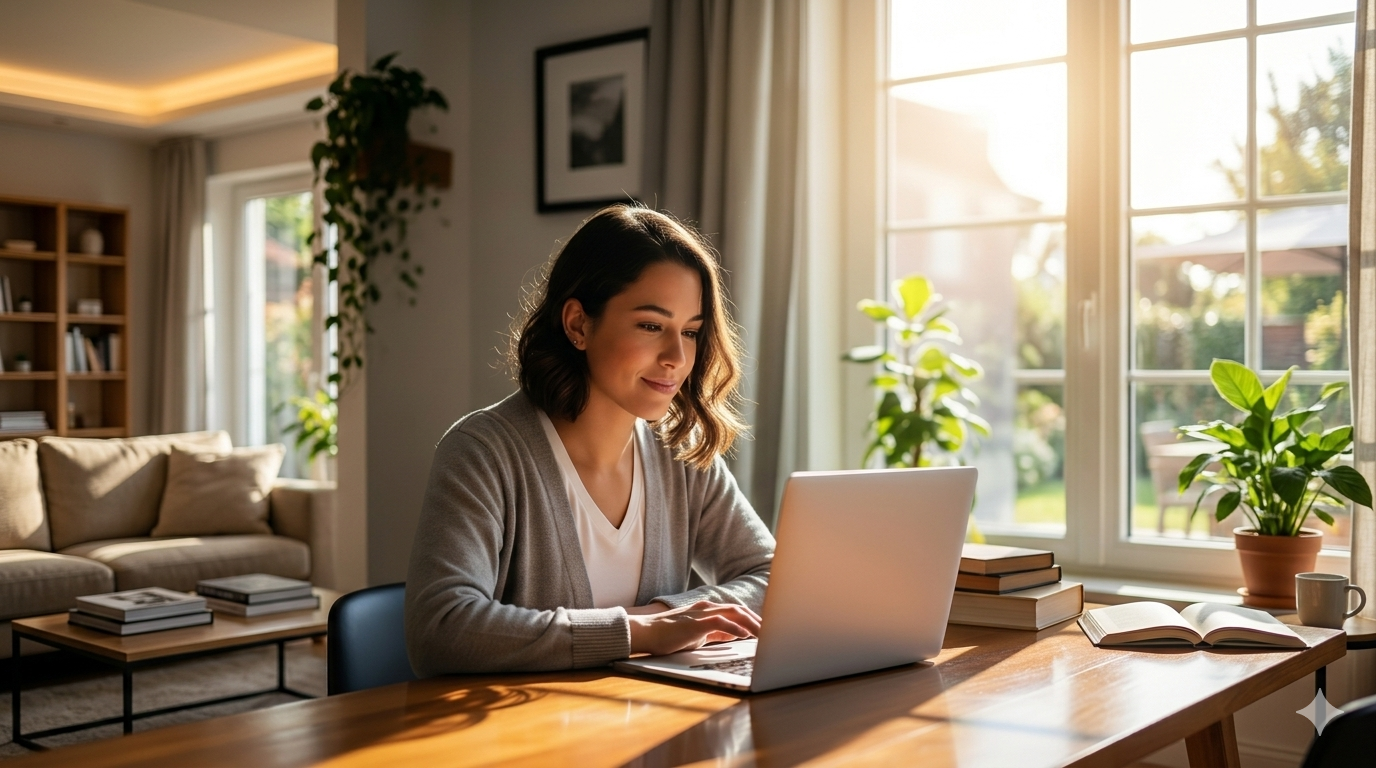 Glimlachende vrouw werkt op haar laptop in een licht thuiskantoor met veel planten.