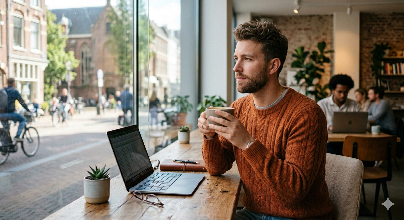 Een jonge professionele millennial man die nadenkend maar hoopvol uit het raam kijkt in een licht café met haar laptop geopend, representatief voor loopbaanreflectie bij InChange Advies.