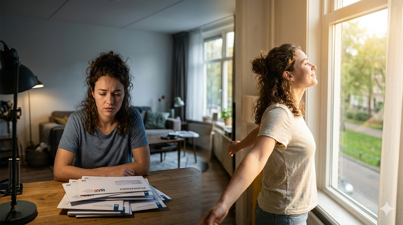 jonge vrouw die de transitie van studieschuld-stress naar opluchting toont.